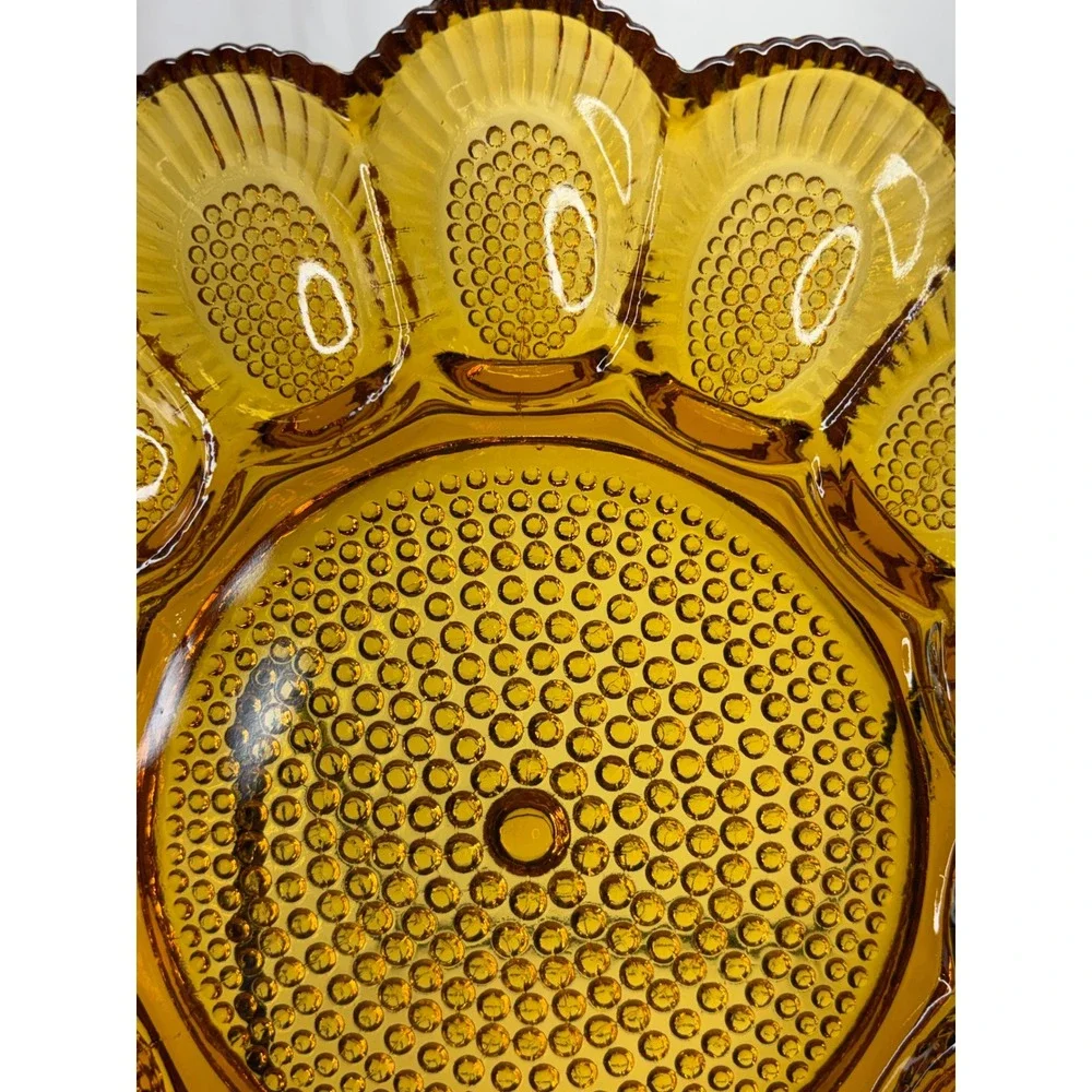 VTG Indiana Glass Tiara Hobnail Amber Deviled Egg Plate Scalloped 15 Slot 11